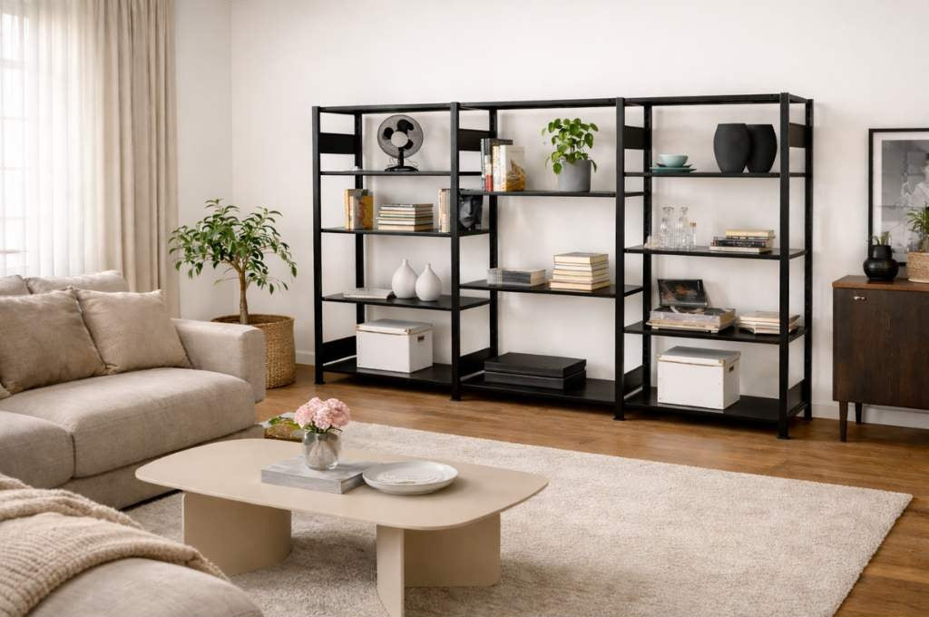 Wohnzimmer mit Regalwand FABIO aus schwarzem Stahl im modernen Wohnambiente mit Sofa, Couchtisch und stilvoller Dekoration