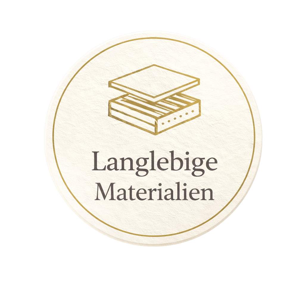 Qualitätssiegel für langlebige Materialien in Gold und Creme mit stilisierter Materialgrafik und hochwertigem Premium-Design