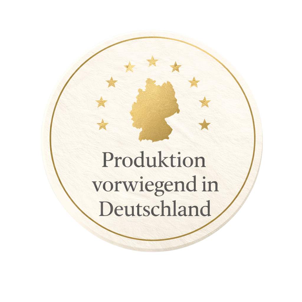 Herkunftssiegel Produktion vorwiegend in Deutschland in Gold und Creme mit Deutschlandkarte und Sternen