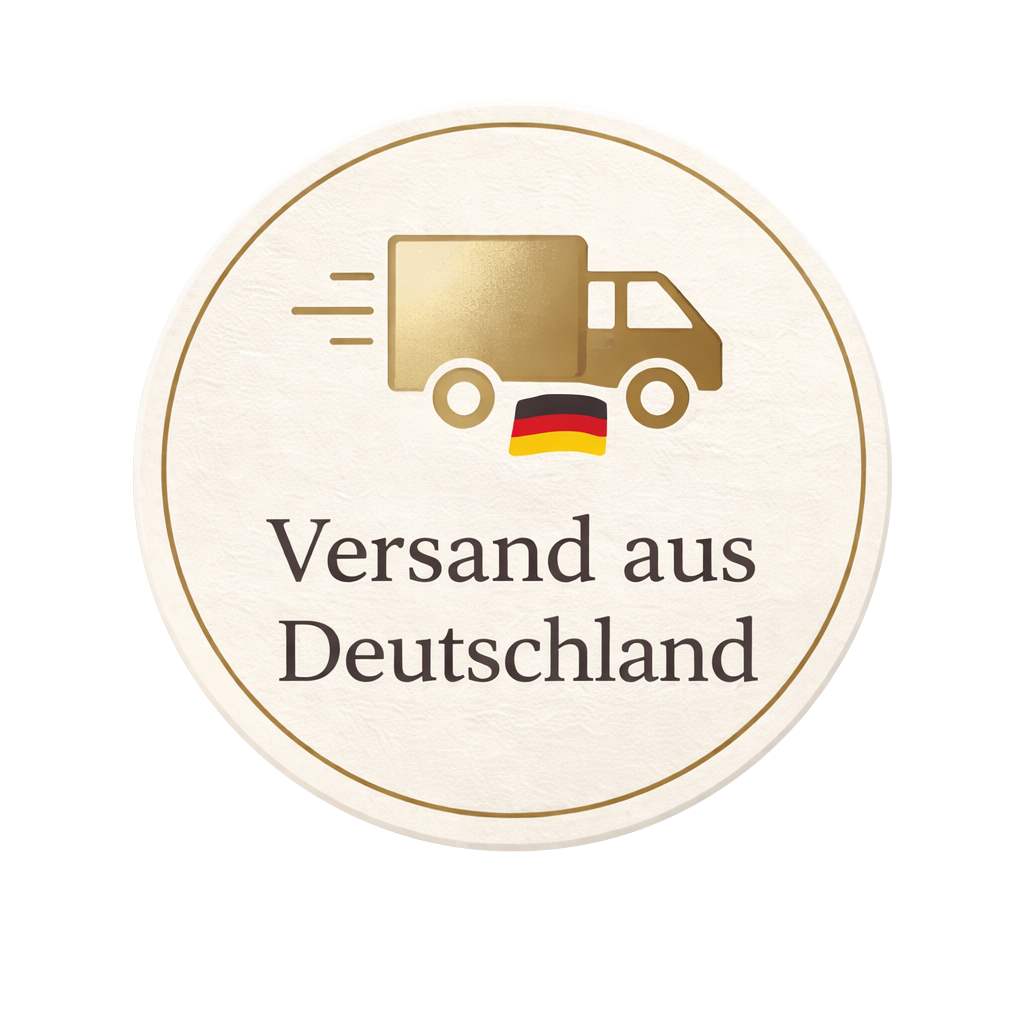 Herkunftssiegel Versand in Gold und Creme mit Paketauto und Deutschland Flagge