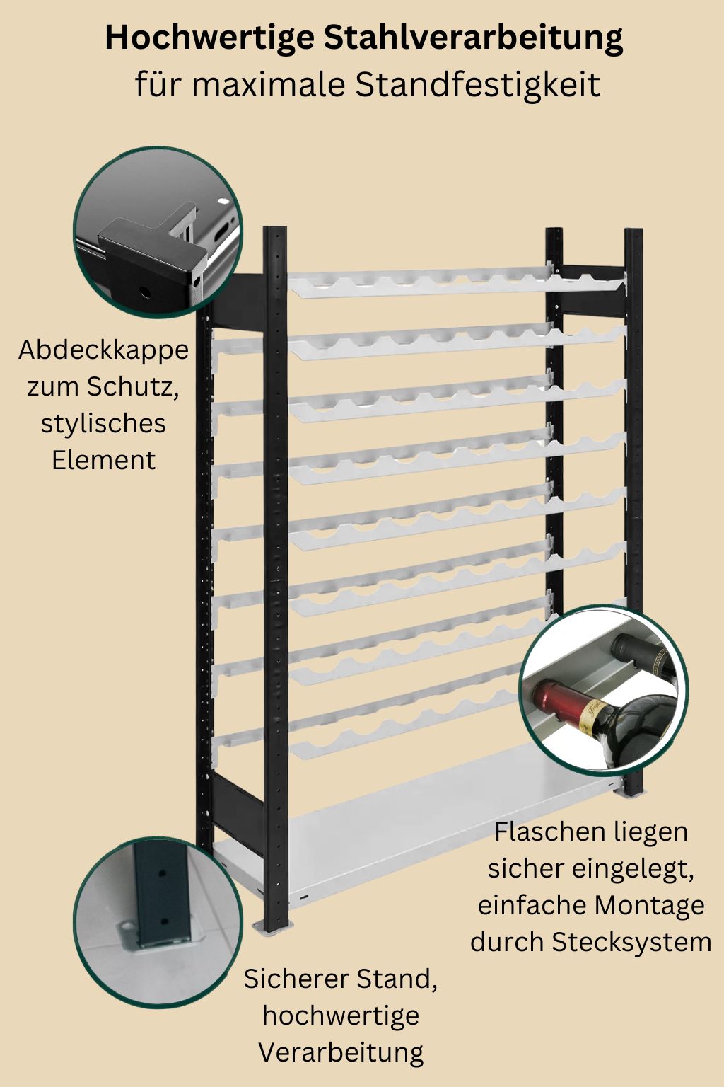 Detailansicht des CHRIS Weinregals mit hochwertiger Stahlverarbeitung, sicherem Stand und einfachem Stecksystem