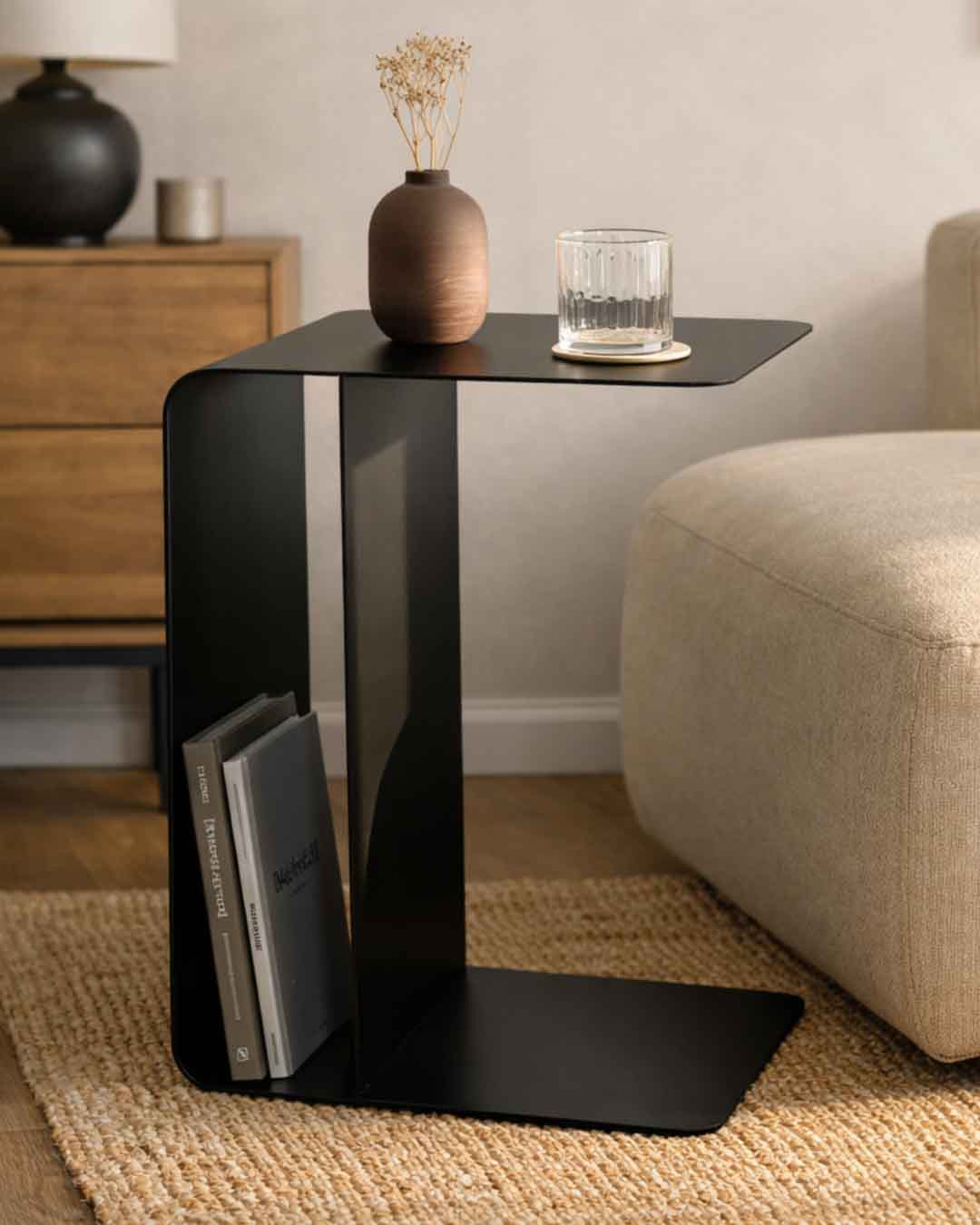 Schwarzer Beistelltisch COSMO neben einem Sessel im Wohnraum