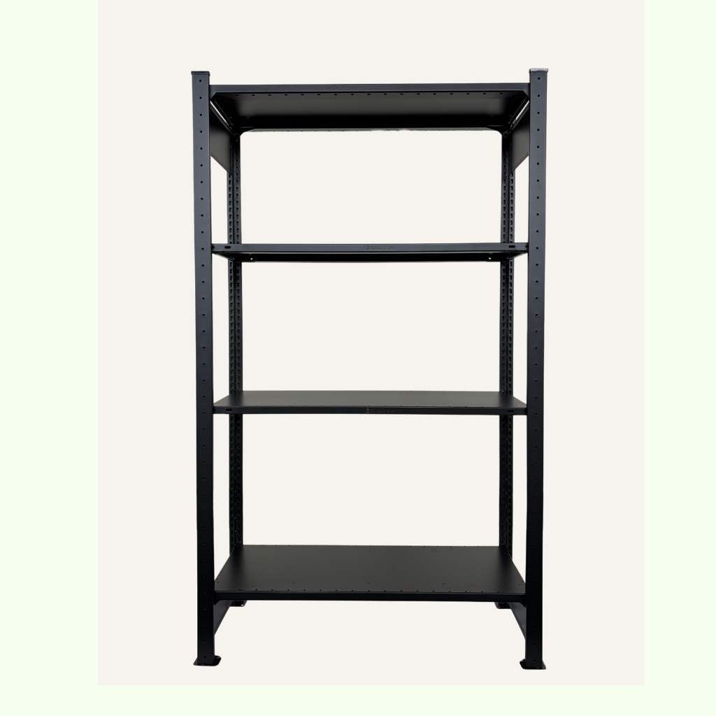 Schwarzes DONIA Design Standregal aus Stahl mit 150 cm Höhe freigestellt auf hellem Hintergrund