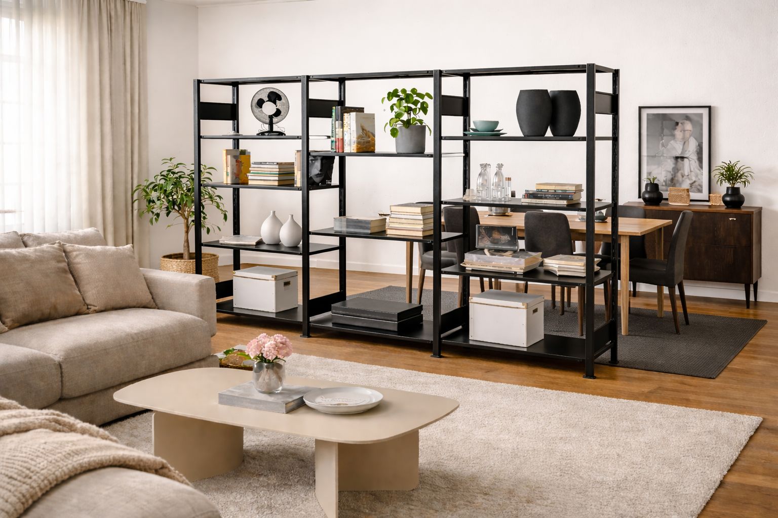 Schwarze FABIO Regalwand mit 300 cm Breite und 200 cm Höhe als offene Raumlösung im Wohnraum