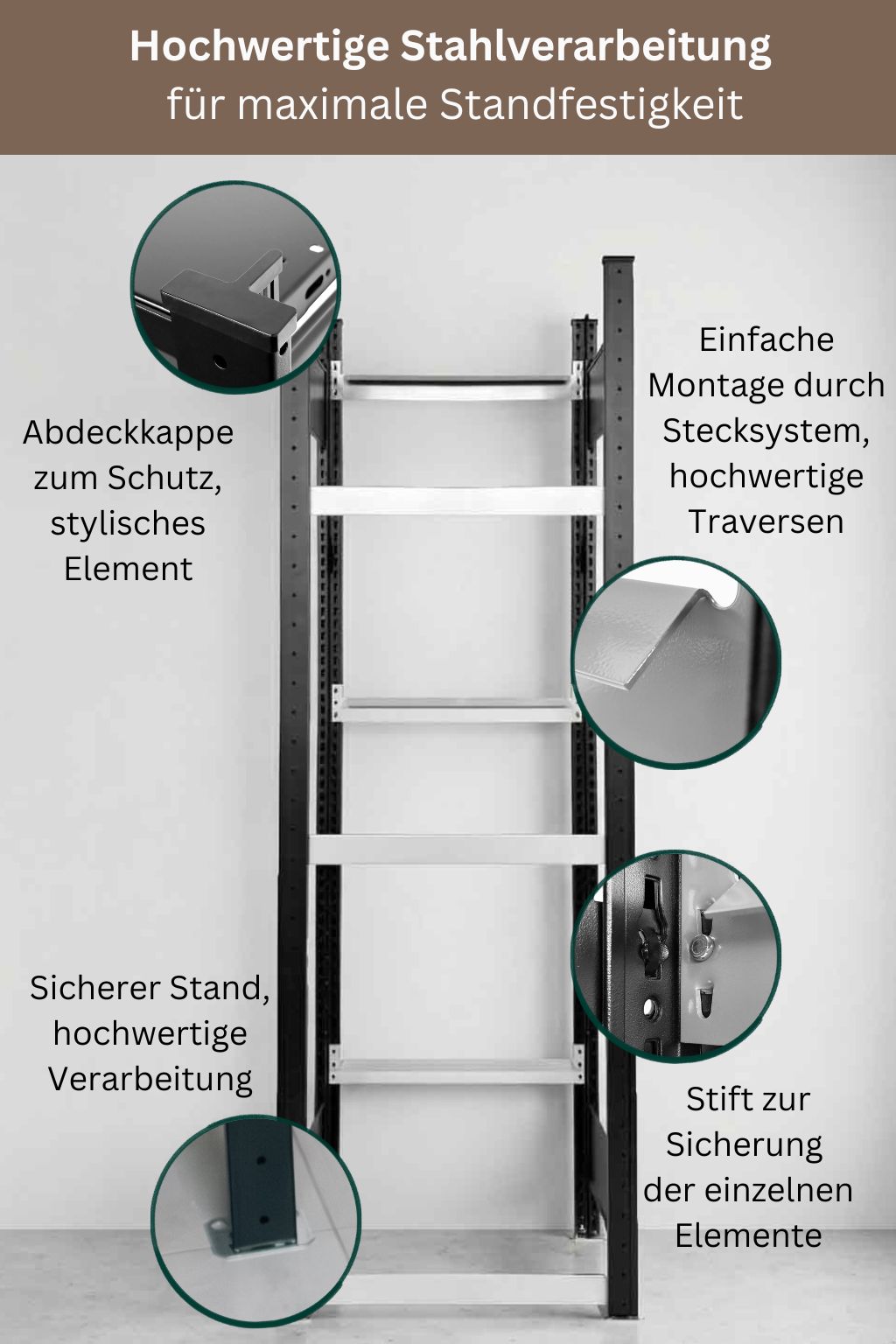 Schwarzes Getränkekistenregal freigestellt auf hellem Hintergrund mit USPs