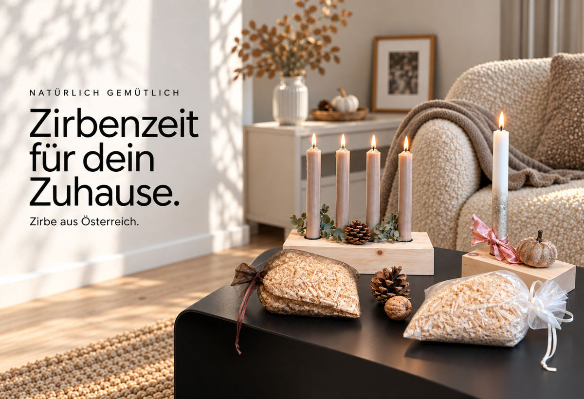 Mobiler Banner mit Zirbenprodukten in wohnlicher Atmosphäre