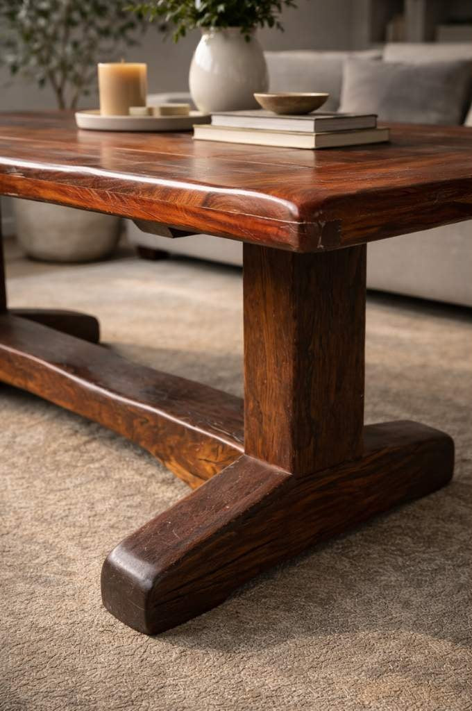 Nachaufnahme des KOFI Massivholztisch im Wohnzimmer stehend vor einer Couch auf einem Teppich