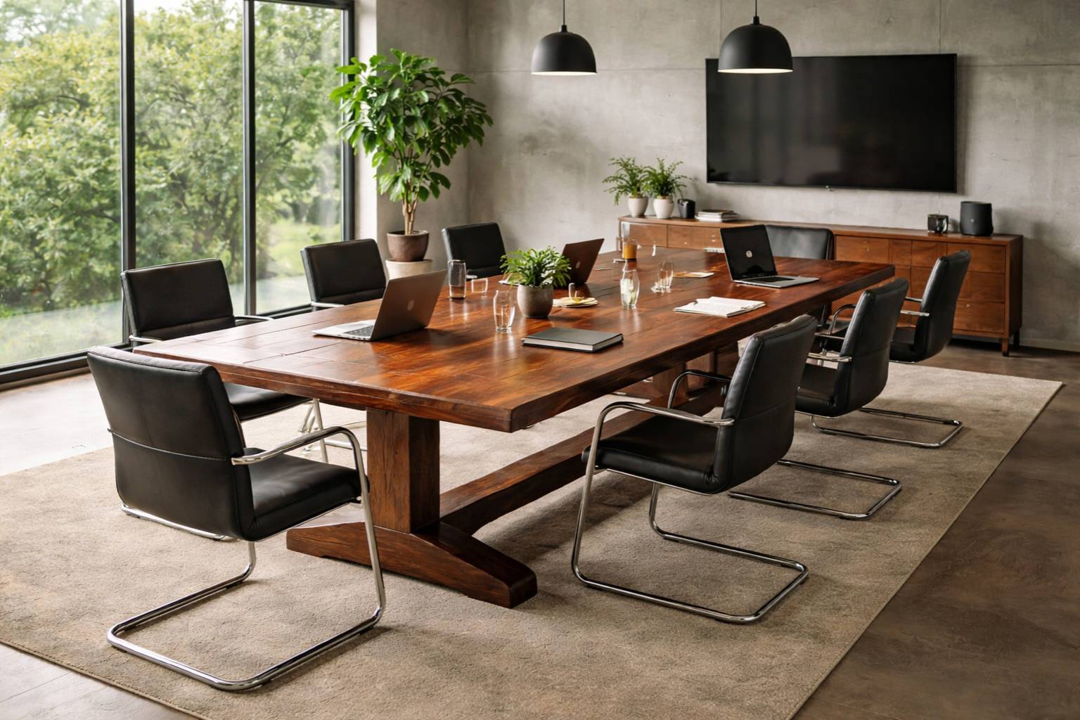Massivholz Konferenztisch im Industrial Design aus recyceltem Holz, großer Designertisch für Besprechungsraum mit Lederstühlen und modernem Büroambiente
