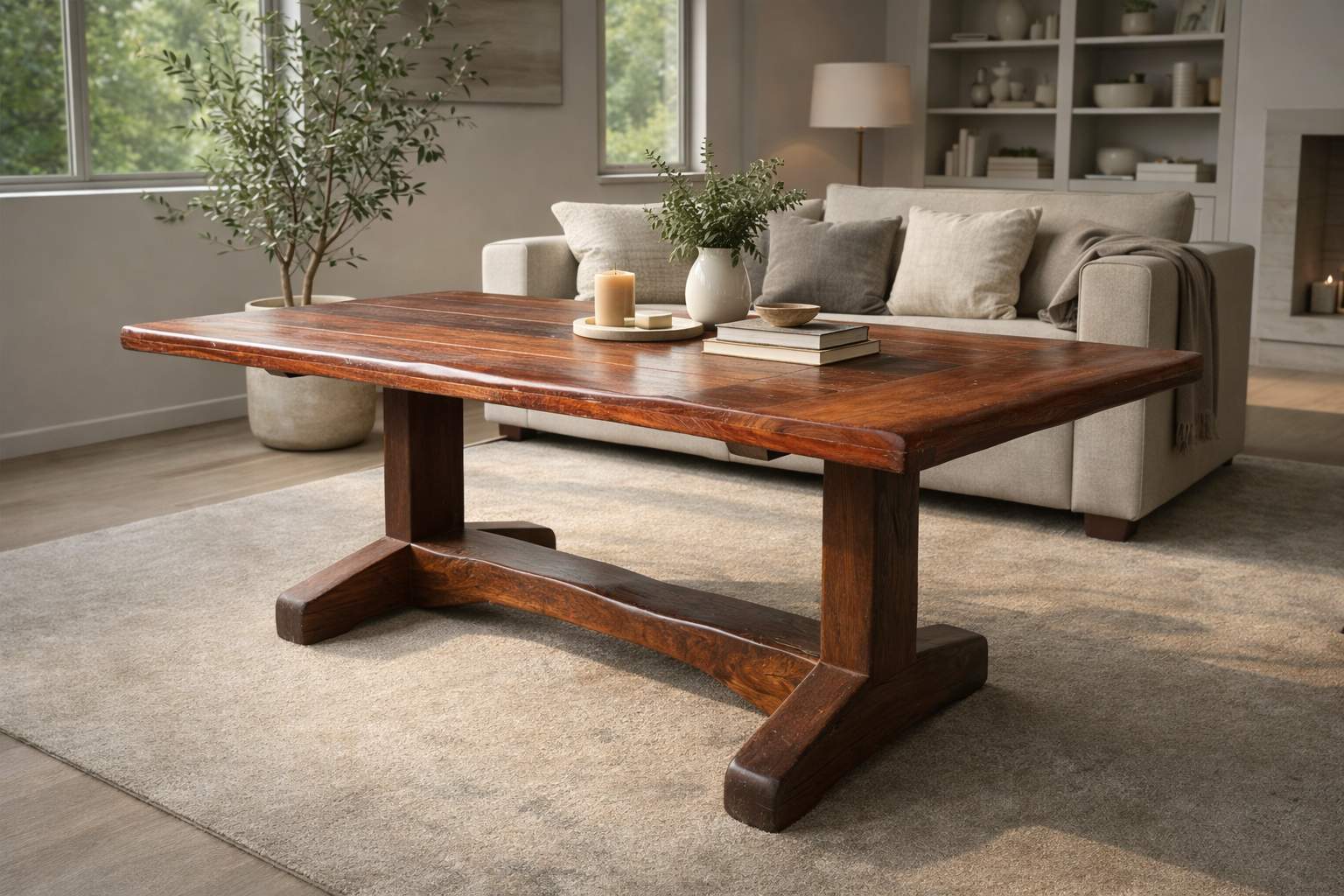 KOFI Massivholztisch im Wohnzimmer stehend vor einer Couch auf einem Teppich