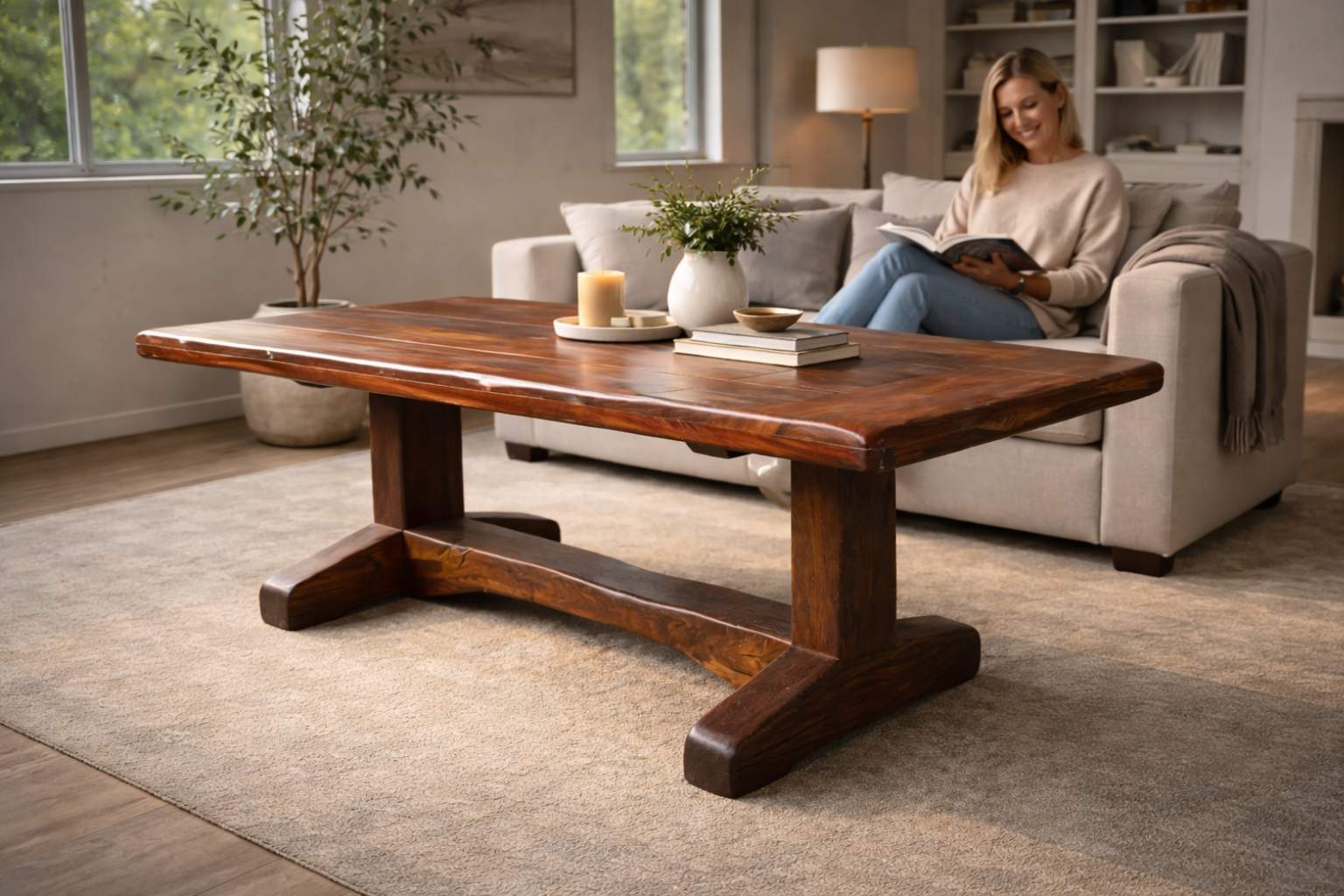KOFI Massivholztisch im Wohnzimmer stehend vor einer Couch mit einer Frau lesend