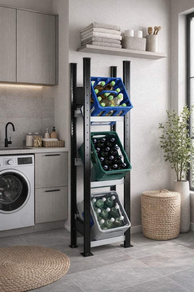 Schwarzes MARA Getränkekistenregal für 3 Kästen im Hauswirtschaftsraum mit Getränkekisten