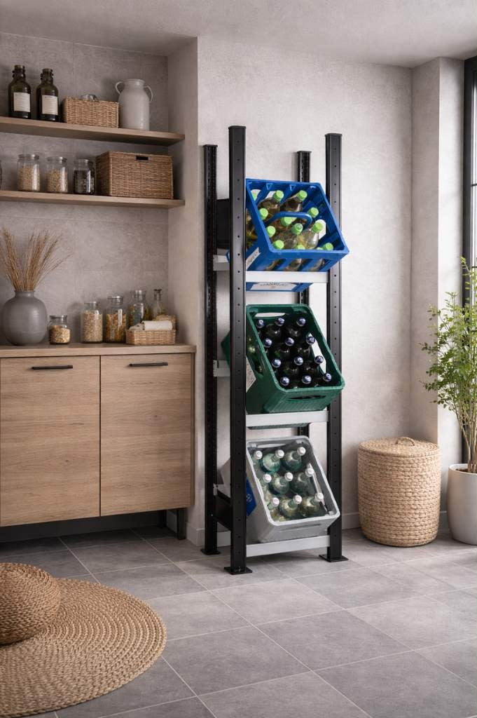 Schwarzes MARA Getränkekistenregal für 3 Kästen im Hauswirtschaftsraum mit Getränkekisten