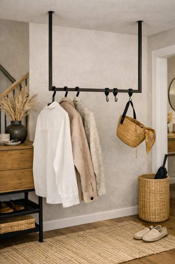 Schwarze RUBI Garderobenstange im Flur mit aufgehängter Kleidung und Tasche