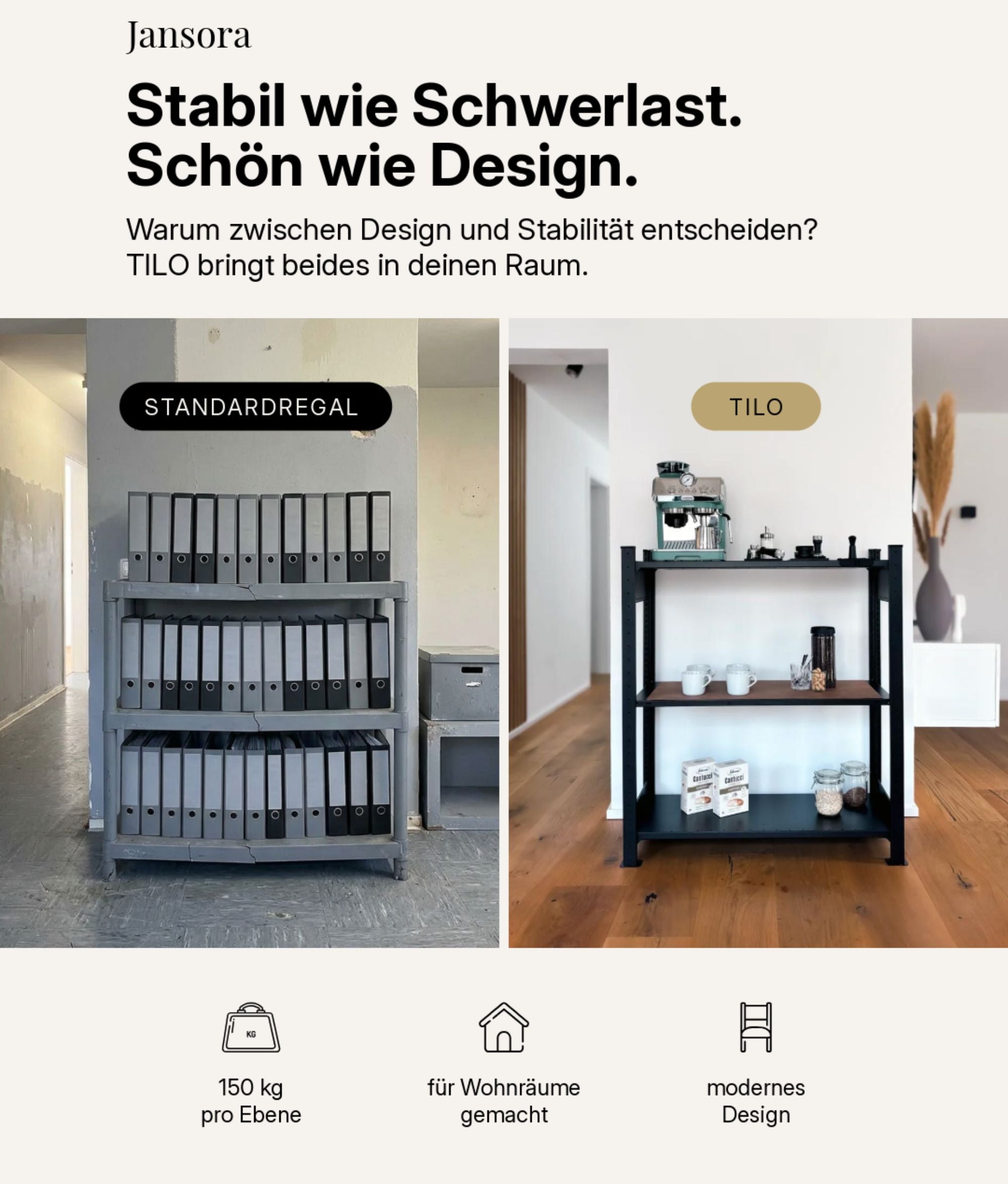 TILO Design Standregal aus schwarzem Stahl im Wohnraum im Vergleich zu einem grauen Standardregal
