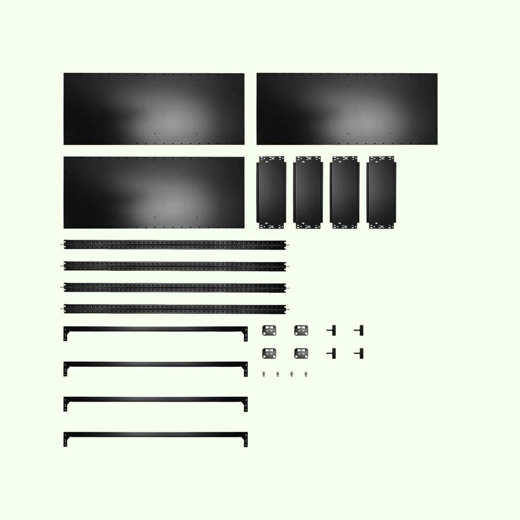 Einzelteile des TILO Design Standregals aus Stahl mit 120 cm Höhe auf hellem Hintergrund