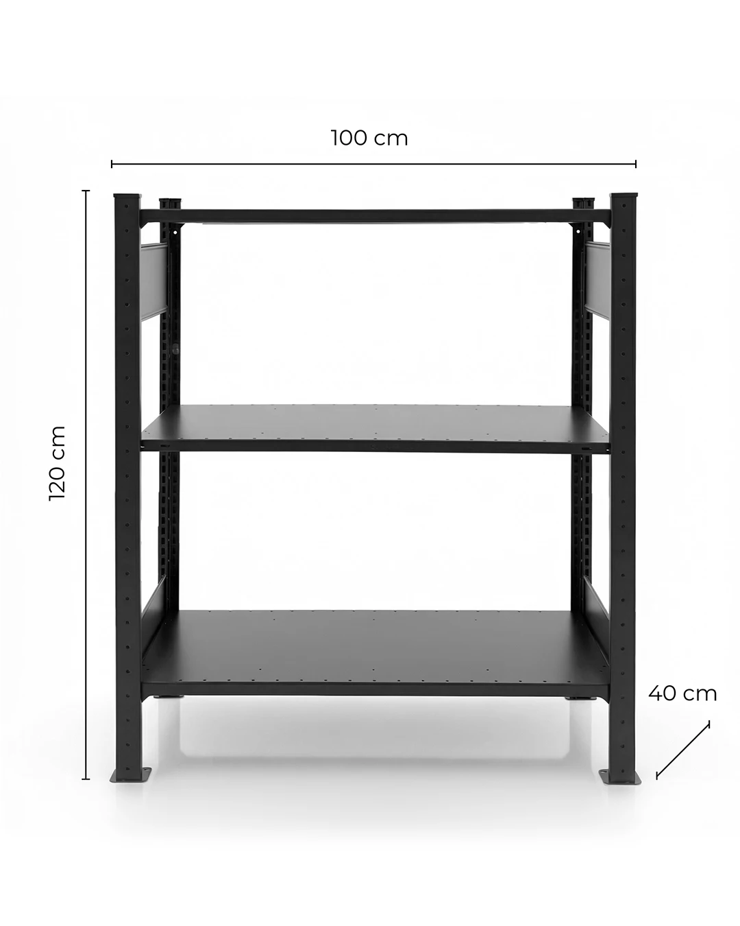 Schwarzes TILO Standregal aus Stahl Höhe 120cm freigestellt auf hellem Hintergrund mit Abmessungen