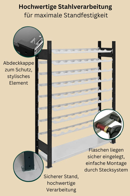 Detailansicht des CHRIS Weinregals mit hochwertiger Stahlverarbeitung, sicherem Stand und einfachem Stecksystem