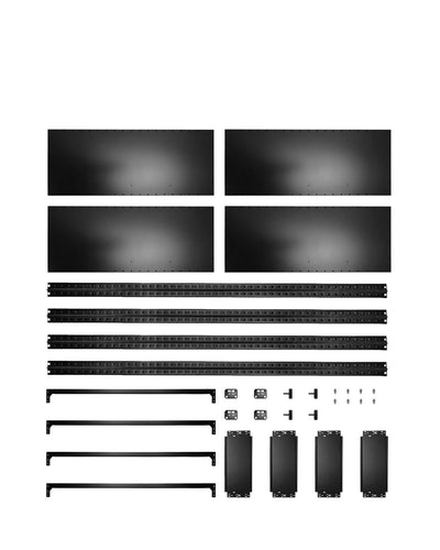 Einzelteile des Design Standregals aus Stahl auf hellem Hintergrund