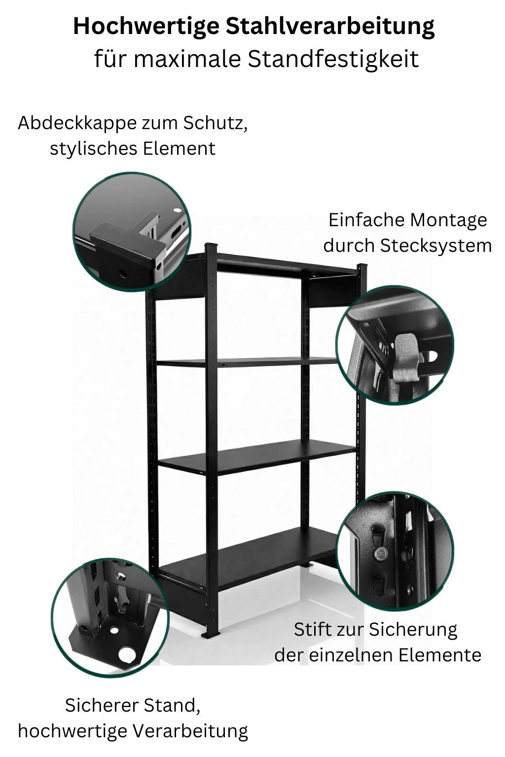 Schwarzes Design Standregal aus Stahl freigestellt auf hellem Hintergrund mit USPs