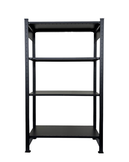 Schwarzes DONIA Design Standregal aus Stahl mit 150 cm Höhe freigestellt auf hellem Hintergrund