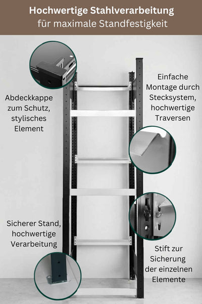 Schwarzes Getränkekistenregal freigestellt auf hellem Hintergrund mit USPs