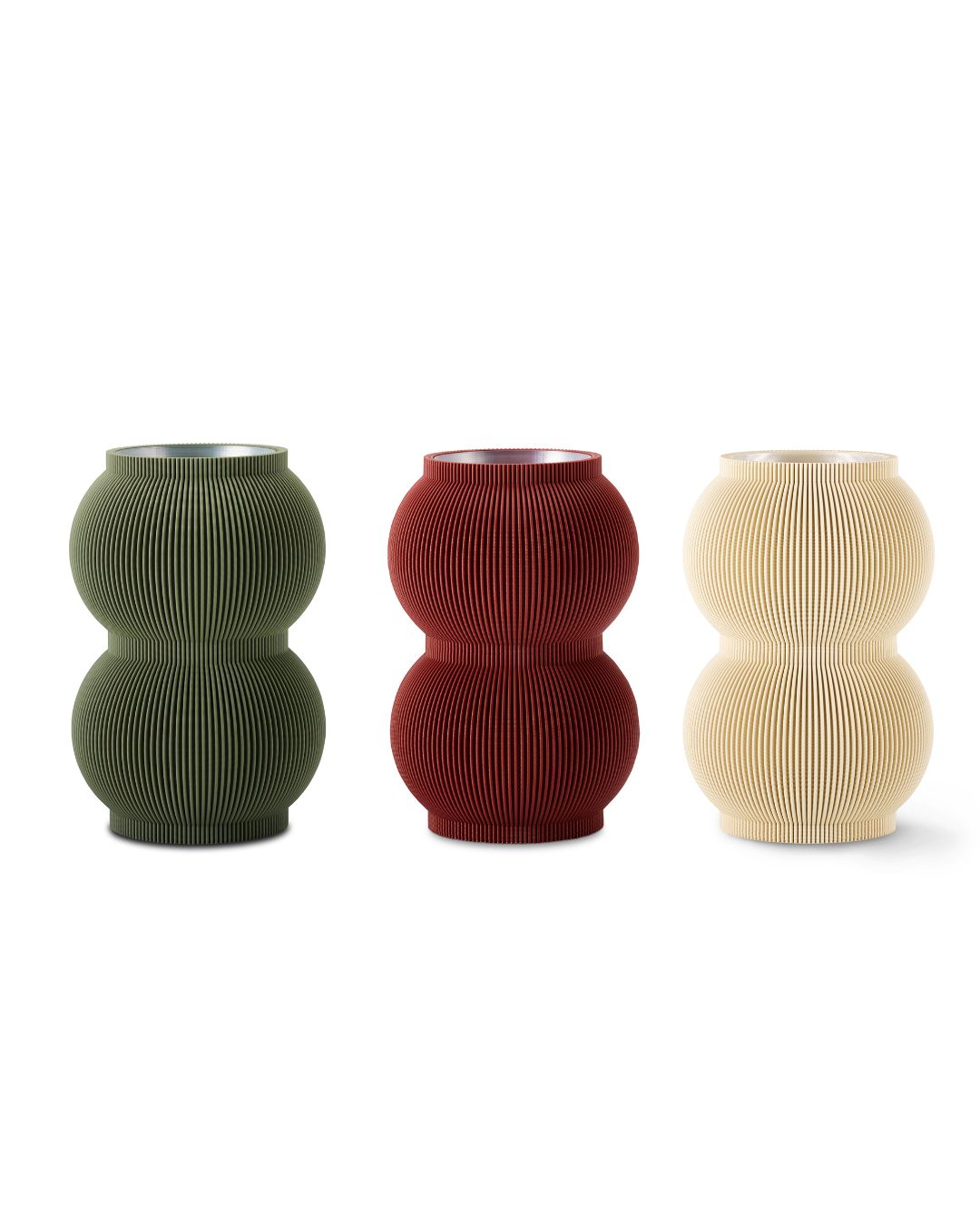 Designvase SHAPE in den Farben Lehmrot, Beige und Moosgrün als Freisteller