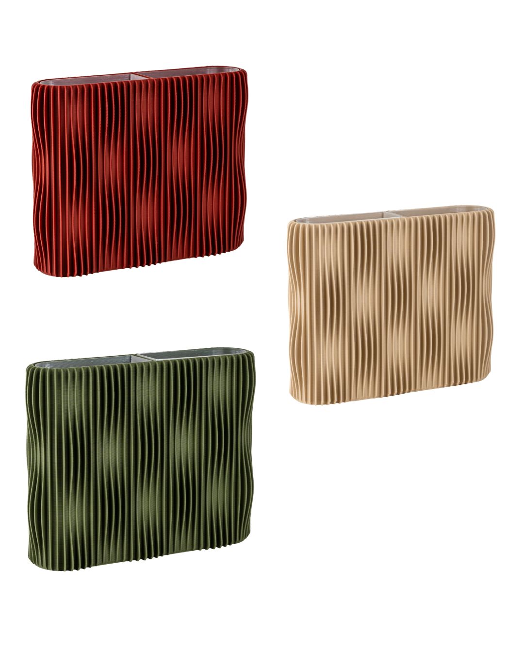 Designvase TWIST in den Farben Lehmrot, Beige und Moosgrün als Freisteller