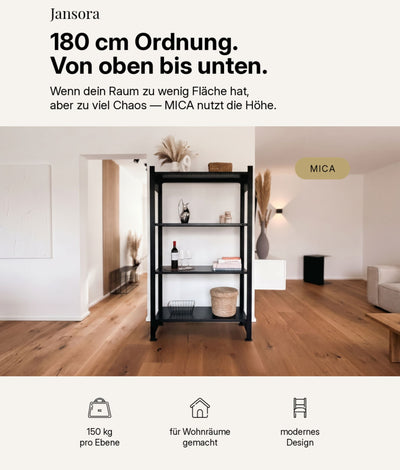Schwarzes MICA Design Standregal aus Stahl mit 180 cm Höhe im modernen Wohnraum