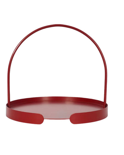 Rotes Serviertablett ARCO aus Stahl mit rundem Tablett, erhöhtem Rand und praktischem Tragegriff auf hellem Hintergrund.