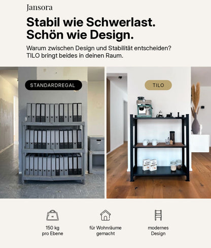 TILO Design Standregal aus schwarzem Stahl im Wohnraum im Vergleich zu einem grauen Standardregal