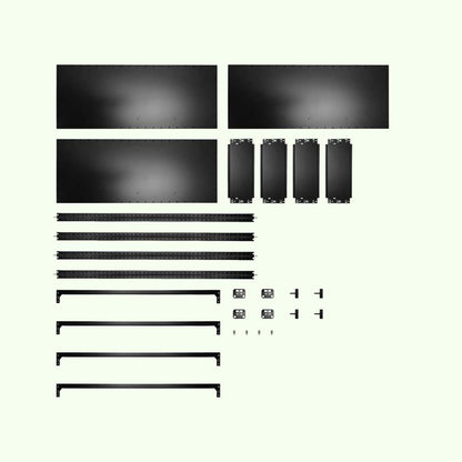 Einzelteile des TILO Design Standregals aus Stahl mit 120 cm Höhe auf hellem Hintergrund