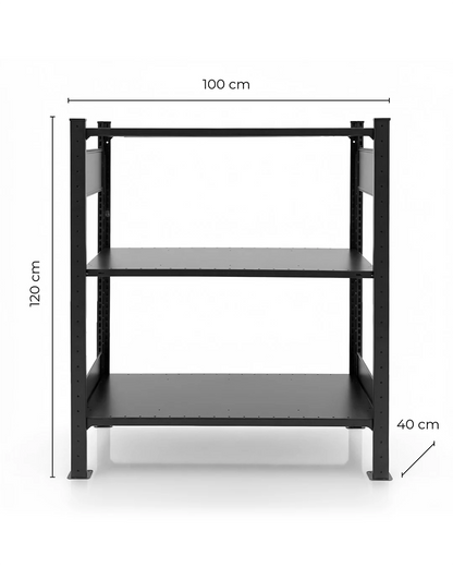 Schwarzes TILO Standregal aus Stahl  Höhe 120cm freigestellt auf hellem Hintergrund mit Abmessungen