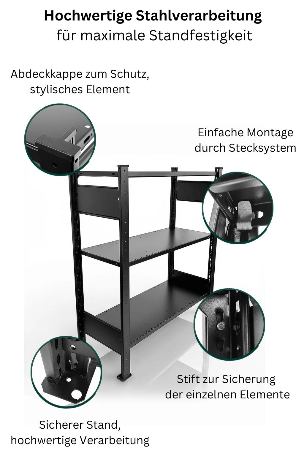 Schwarzes TILO Standregal aus Stahl  Höhe 120cm freigestellt auf hellem Hintergrund mit USPs