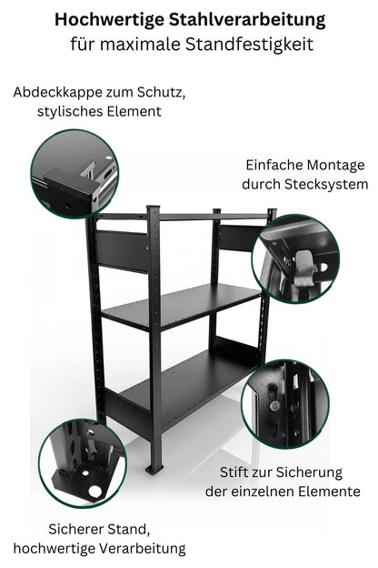 Schwarzes TILO Standregal aus Stahl  Höhe 120cm freigestellt auf hellem Hintergrund mit USPs