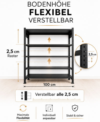 Grafik zum TILO Design Standregal aus Stahl mit höhenverstellbaren Böden im 2,5-cm-Raster