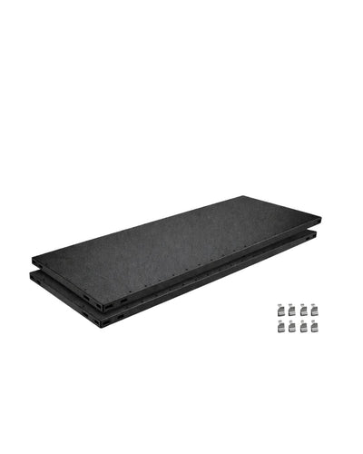 Schwarze Zusatzböden im 2er Set für Design Stahlregale freigestellt mit Befestigungselementen